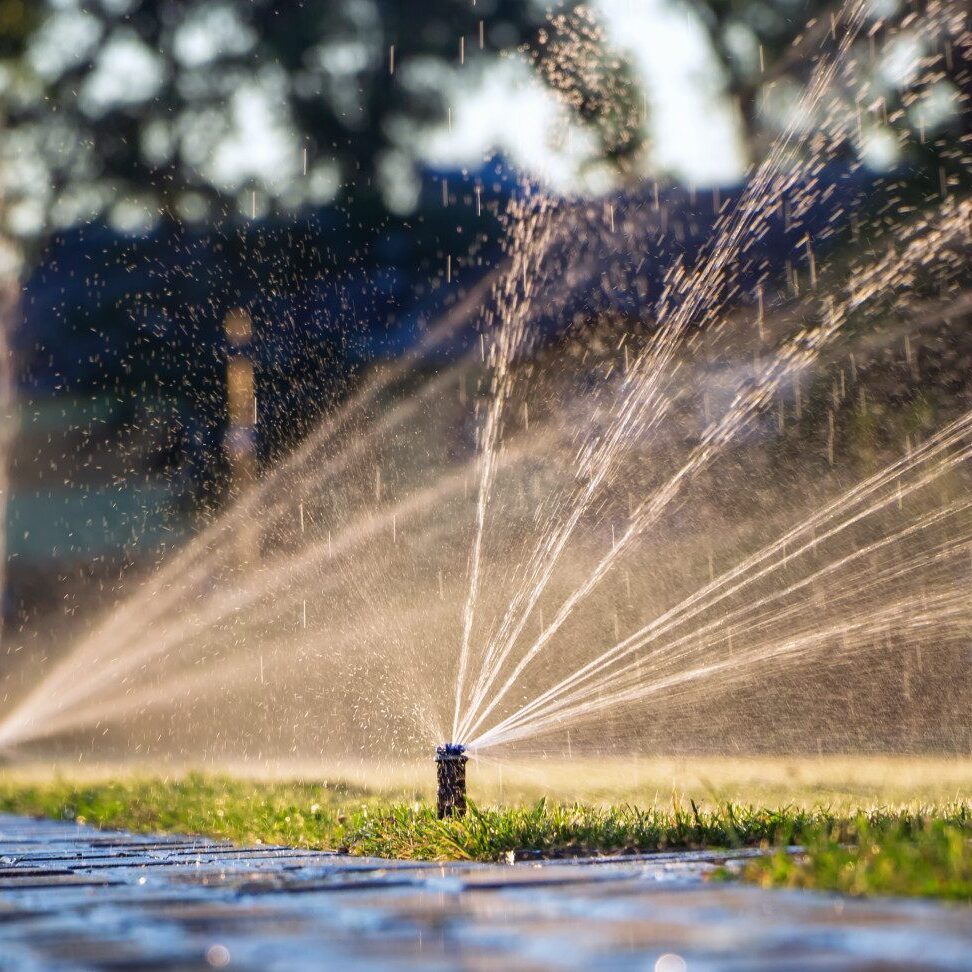 Lawn sprinklers spray water on grass and pavement in a sunlit garden, thanks to the expert care of Seattle Landscaping Services.