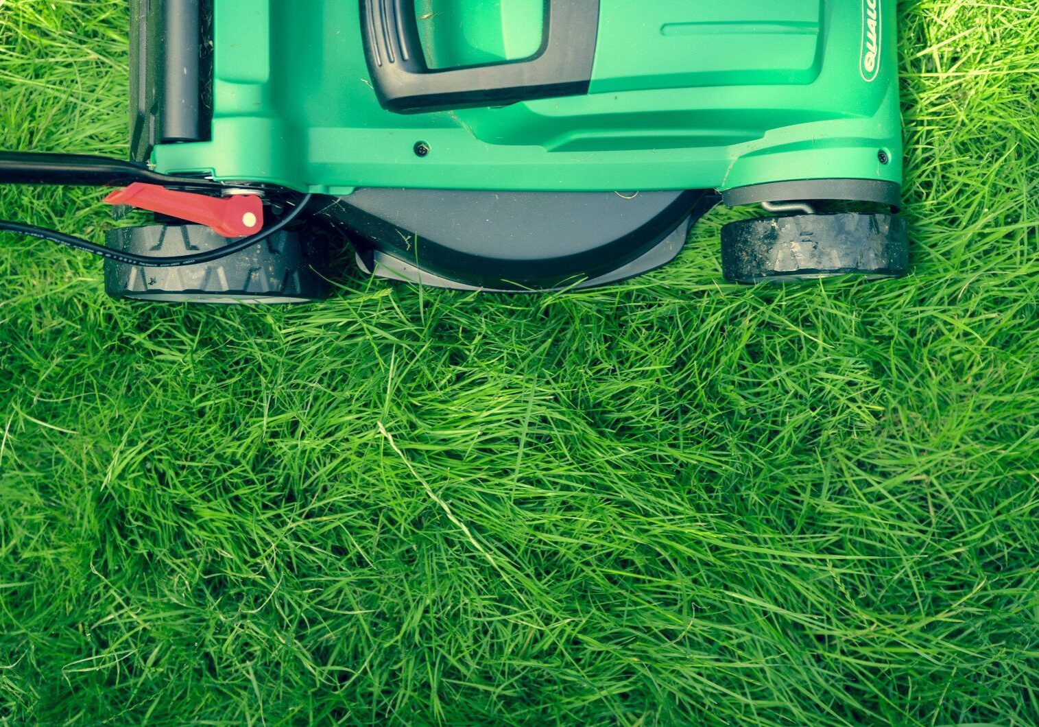 Close-up of a green lawnmower cutting fresh, green grass.